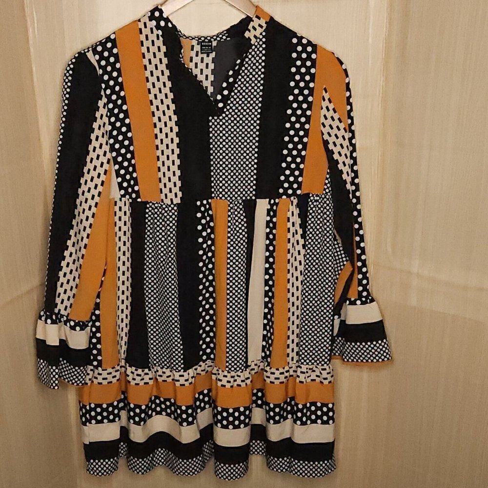 Shein Black Gold Geometric Oversized Babydoll Dress 8-10